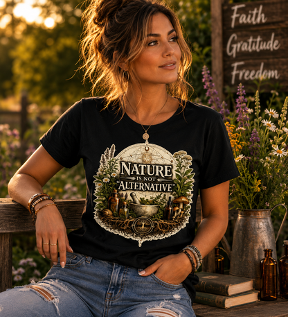 Woman wearing black Nature Is Not Alternative t-shirt in a warm natural setting with plants and earthy decor.