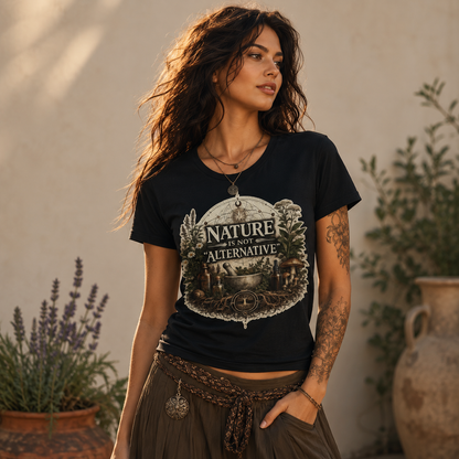 Woman wearing black Nature Is Not Alternative t-shirt in a warm natural setting with plants and earthy decor.