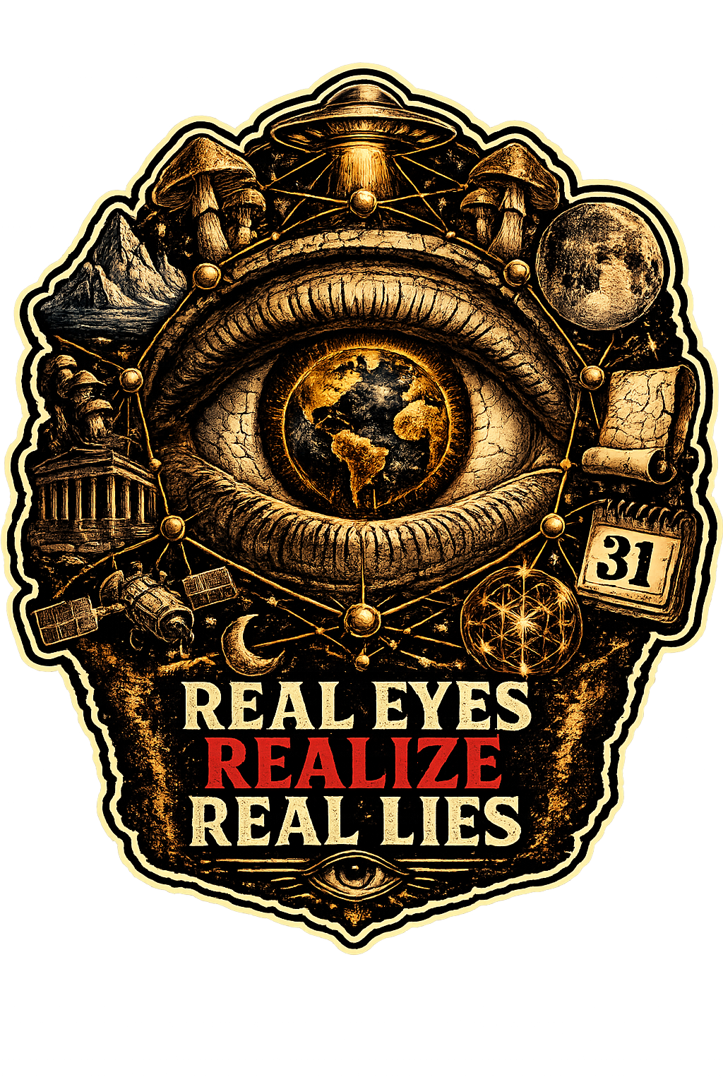 Real Eyes Realize Real Lies graphic featuring a golden eye, globe, hidden-truth symbolism, and bold red and white lettering.