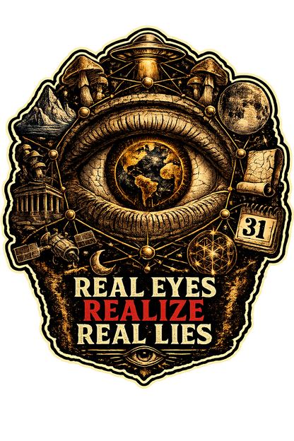 Real Eyes Realize Real Lies graphic featuring a golden eye, globe, hidden-truth symbolism, and bold red and white lettering.
