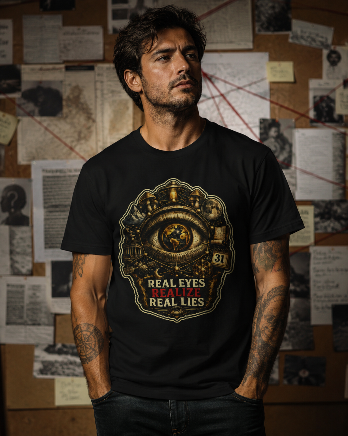 Man wearing Real Eyes Realize Real Lies black t-shirt in front of an investigation board with notes and connected clues.
