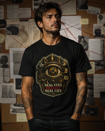 Man wearing Real Eyes Realize Real Lies black t-shirt in front of an investigation board with notes and connected clues.