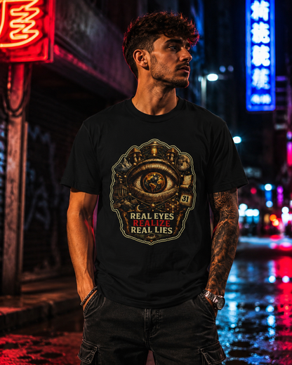Man wearing Real Eyes Realize Real Lies black t-shirt in a neon city street setting at night.