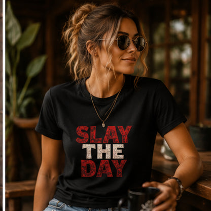 Woman wearing black Slay The Day t-shirt in a casual outdoor setting with sunglasses.