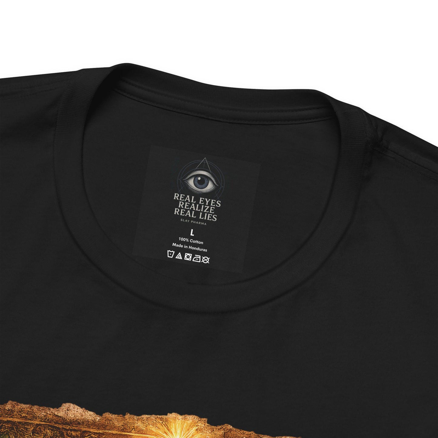Close-up of black The First Pharmacy Was a Garden t-shirt collar and printed botanical artwork detail.