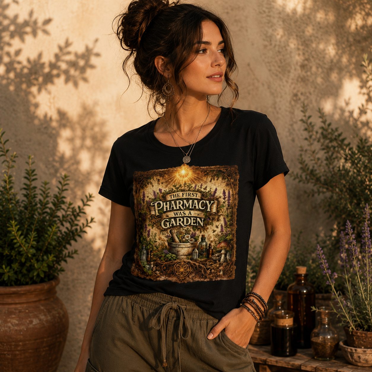 Woman wearing The First Pharmacy Was a Garden black t-shirt in a garden-inspired setting with herbs, plants, and natural apothecary decor.