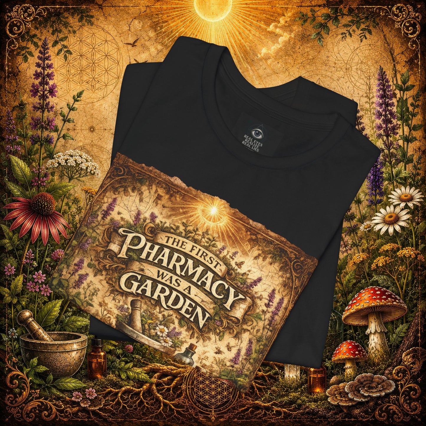 Folded black The First Pharmacy Was a Garden t-shirt with close-up botanical artwork, herbs, mushrooms, and apothecary design.