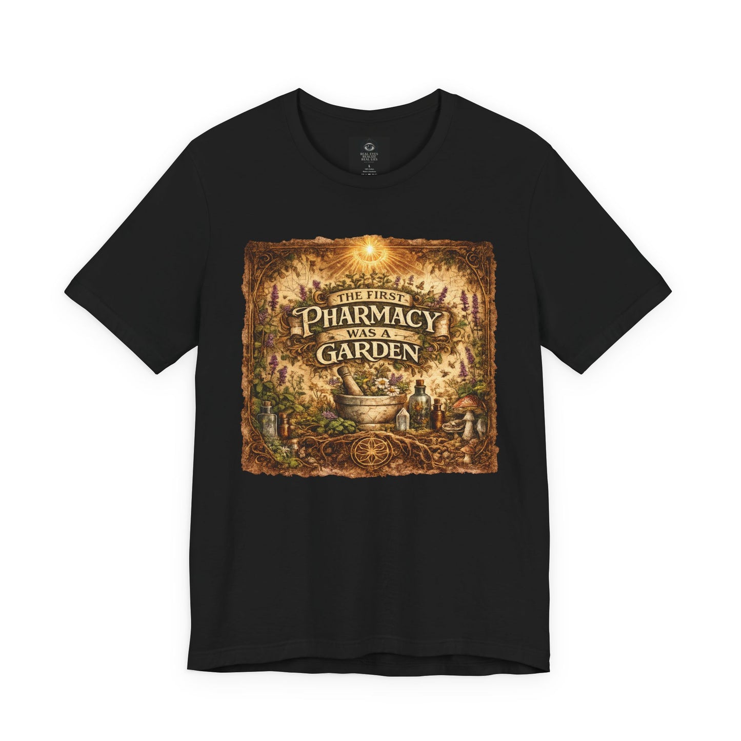 garden-tee-front
Black t-shirt featuring The First Pharmacy Was a Garden botanical design with herbs, mushrooms, apothecary bottles, and garden artwork.