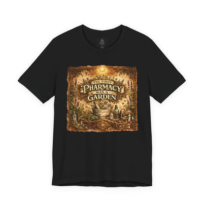 garden-tee-front
Black t-shirt featuring The First Pharmacy Was a Garden botanical design with herbs, mushrooms, apothecary bottles, and garden artwork.