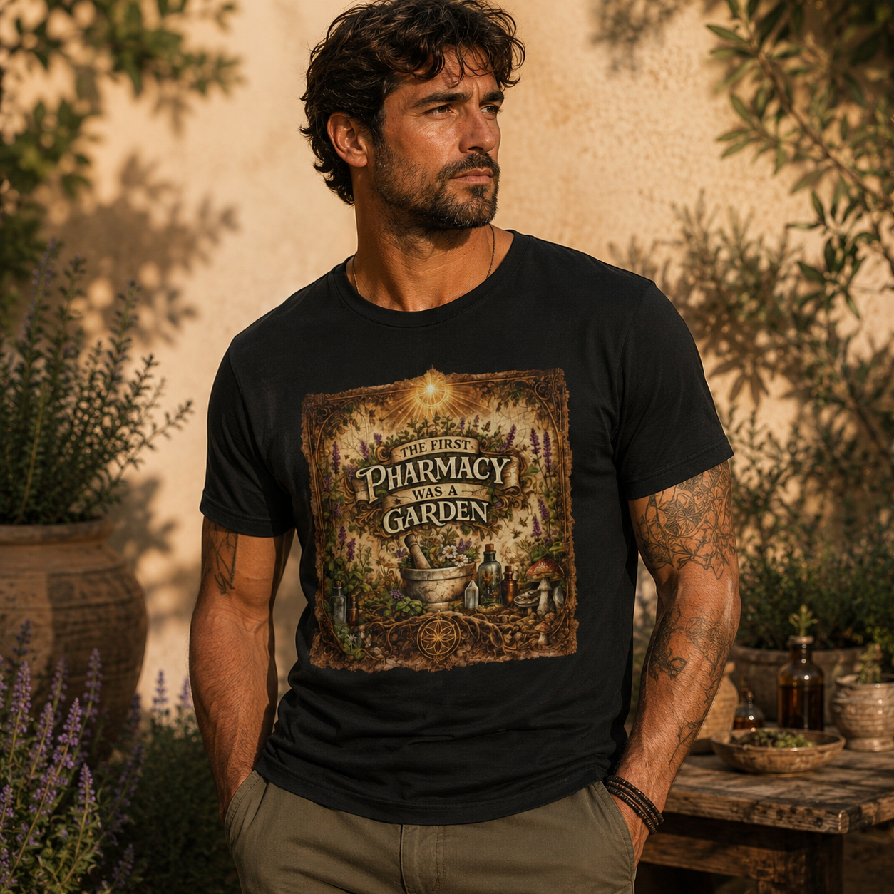 Man wearing The First Pharmacy Was a Garden black t-shirt in a warm botanical outdoor setting with plants and apothecary styling.