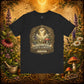 You Can’t Patent God’s Garden black t-shirt shown in a botanical garden scene with flowers, mushrooms, sunlight, and roots.
