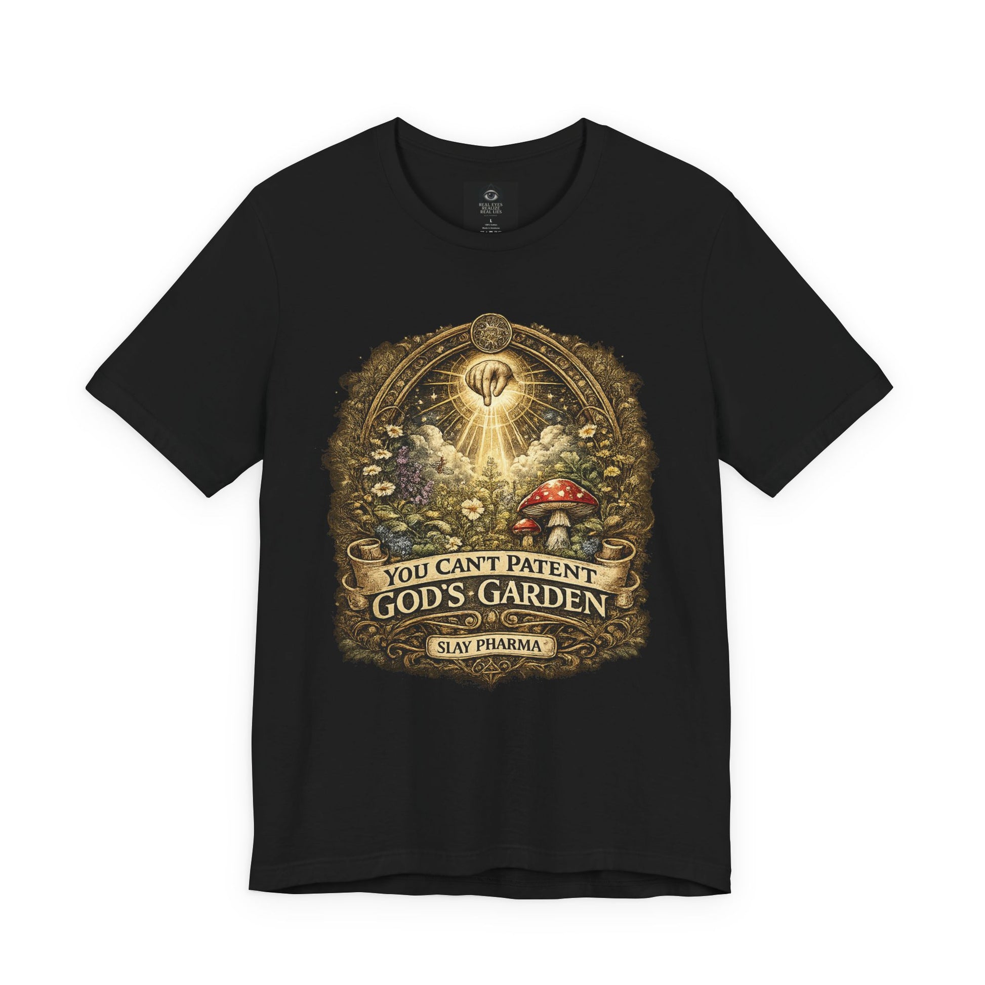 Black t-shirt featuring You Can’t Patent God’s Garden artwork with mushrooms, flowers, roots, and radiant sacred garden symbolism.
