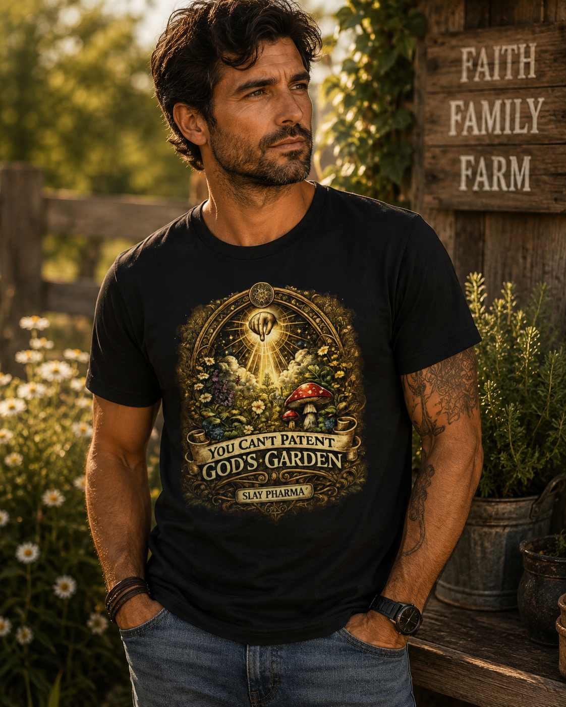 Man wearing You Can’t Patent God’s Garden black t-shirt in a rustic farm setting with a Faith Family Farm sign.