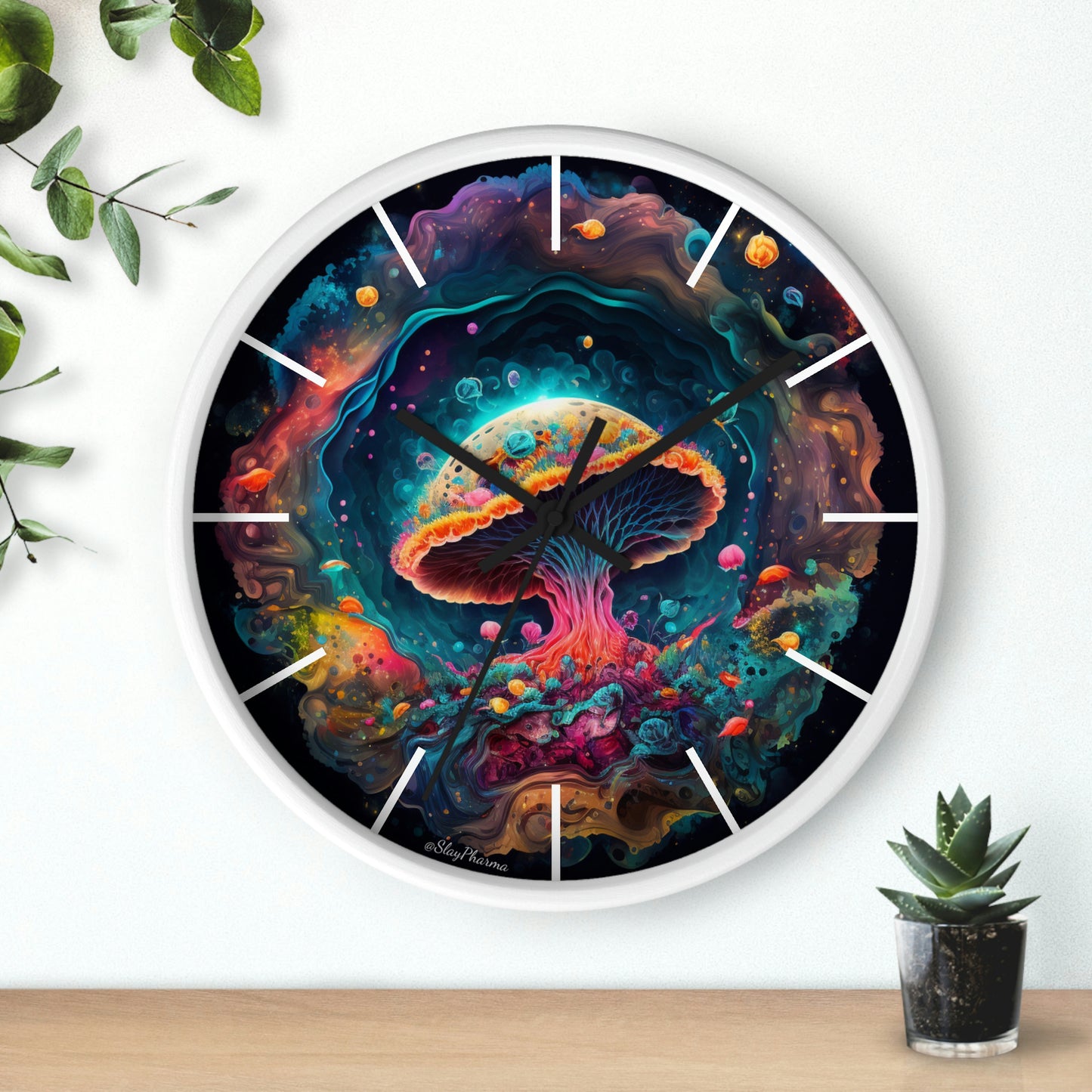 Glowing Mushroom Universe Wall Clock w/ lines