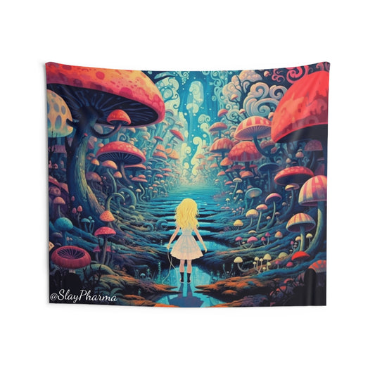 Alice Wanders the Mushroom Forest Indoor Wall Tapestry